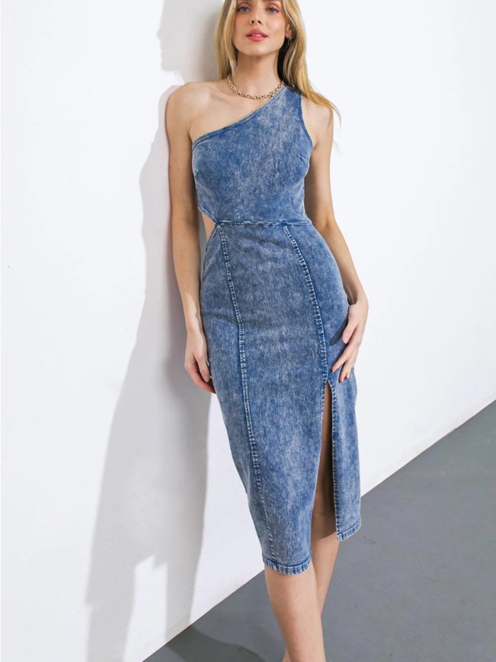 Flying Tomato One-Shoulder Acid Wash BodyCon Midi Medium